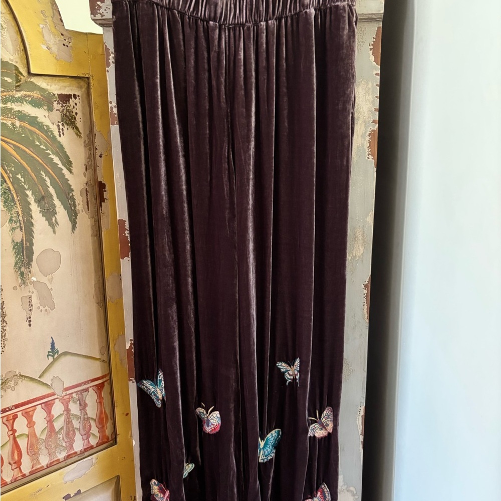 Johnny Was Dark Velvet pants with Butterfly Embroidery wide legs has pockets